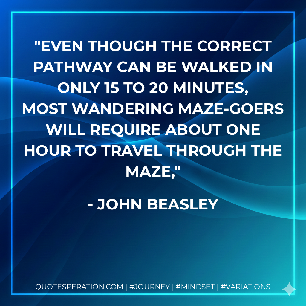 Even though the correct pathway can be walked in only 15 to 20 minutes, most wandering maze-goers will require about one hour to travel through the maze,