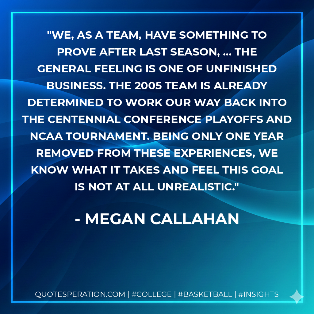 We, as a team, have something to prove after last season, ... The general feeling is one of unfinished business. The 2005 team is already determined to work our way back into the Centennial Conference playoffs and NCAA tournament. Being only one year removed from these experiences, we know what it takes and feel this goal is not at all unrealistic.