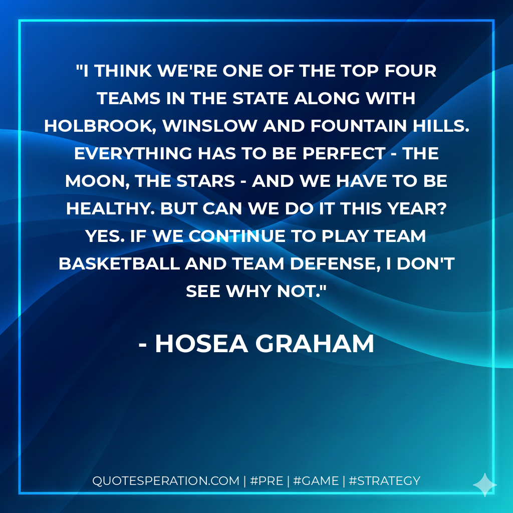 I think we're one of the top four teams in the state along with Holbrook, Winslow and Fountain Hills. Everything has to be perfect - the moon, the stars - and we have to be healthy. But can we do it this year? Yes. If we continue to play team basketball and team defense, I don't see why not.