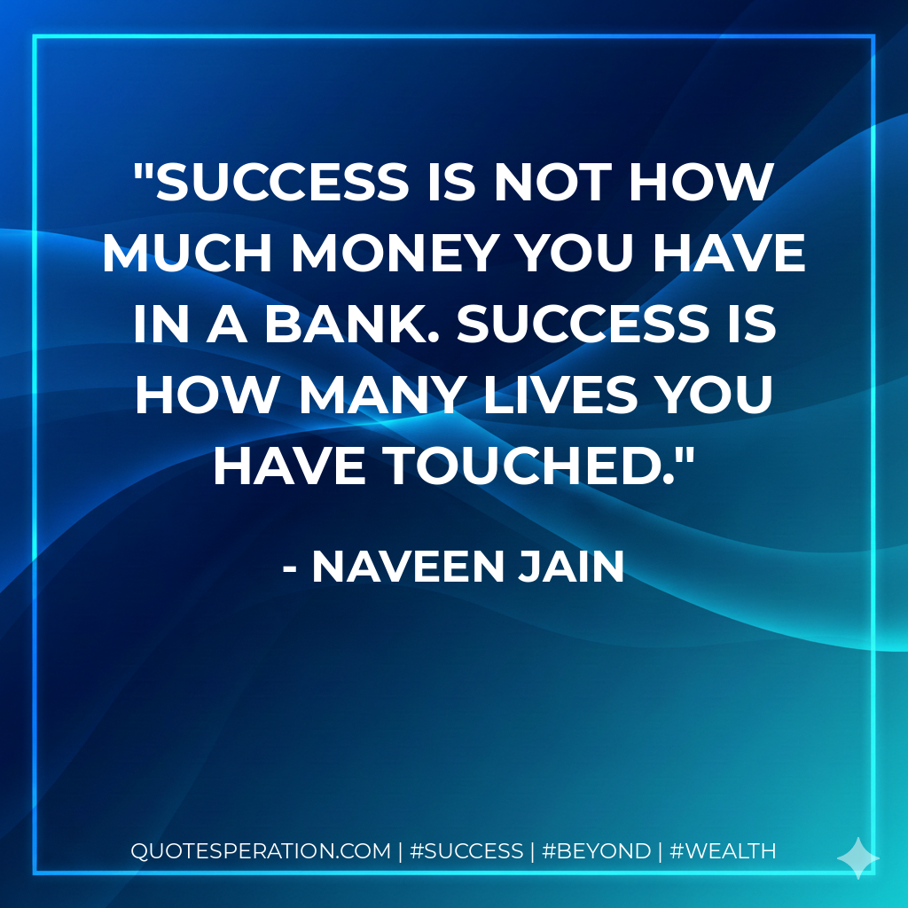 Success is not how much money you have in a bank. Success is how many lives you have touched. - Naveen Jain