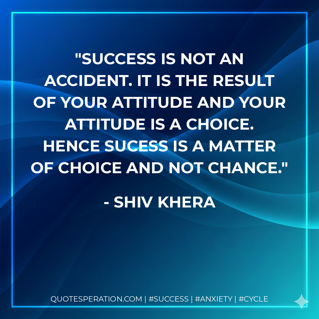 Success is not an accident. It is the result of your attitude and your attitude is a choice. Hence sucess is a matter of choice and not chance. - Shiv Khera