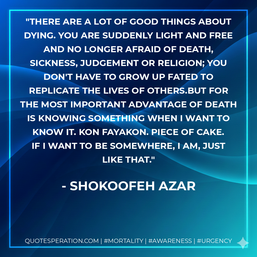 There are a lot of good things about dying. You are suddenly light and free and no longer afraid of death, sickness, judgement or religion; you don't have to grow up fated to replicate the lives of others.But for the most important advantage of death is knowing something when I want to know it. Kon fayakon. Piece of cake. If I want to be somewhere, I am, just like that.