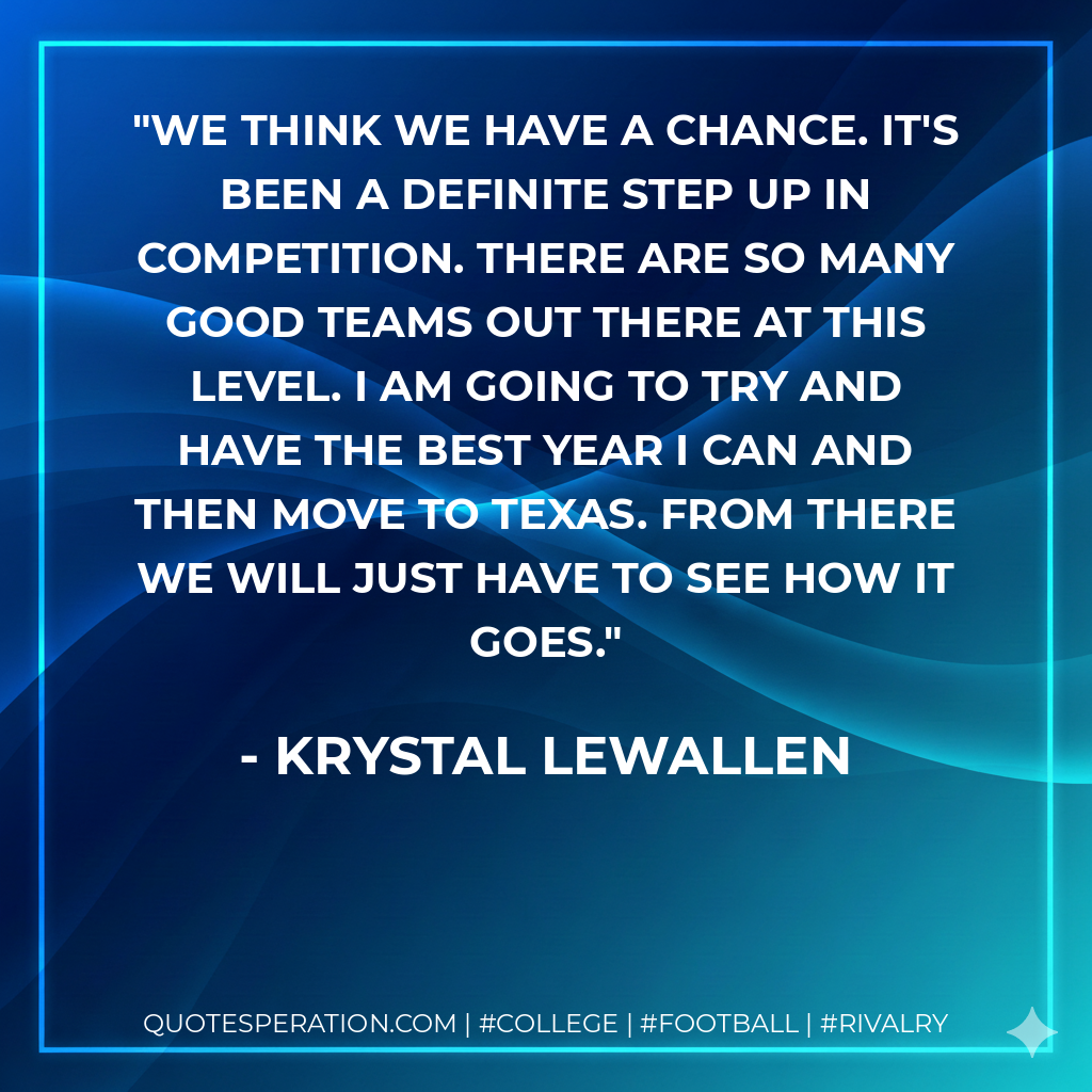 We think we have a chance. It's been a definite step up in competition. There are so many good teams out there at this level. I am going to try and have the best year I can and then move to Texas. From there we will just have to see how it goes.