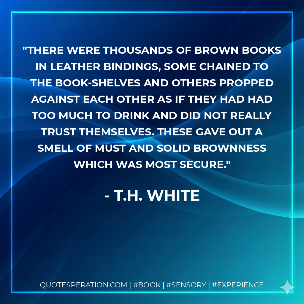 There were thousands of brown books in leather bindings, some chained to the book-shelves and others propped against each other as if they had had too much to drink and did not really trust themselves. These gave out a smell of must and solid brownness which was most secure. - T.H. White