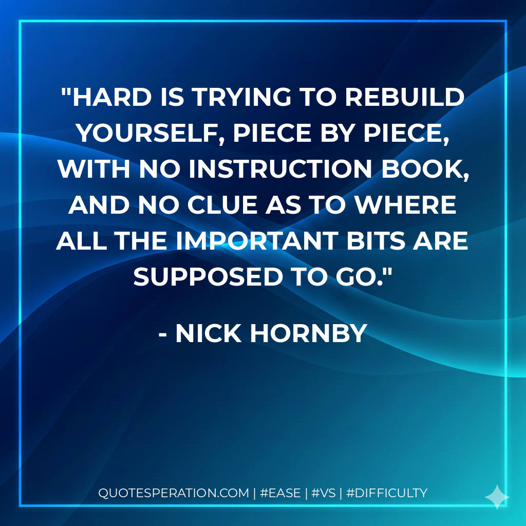 Hard is trying to rebuild yourself, piece by piece, with no instruction book, and no clue as to where all the important bits are supposed to go. - Nick Hornby