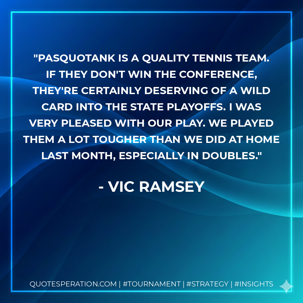 Pasquotank is a quality tennis team. If they don't win the conference, they're certainly deserving of a wild card into the state playoffs. I was very pleased with our play. We played them a lot tougher than we did at home last month, especially in doubles.