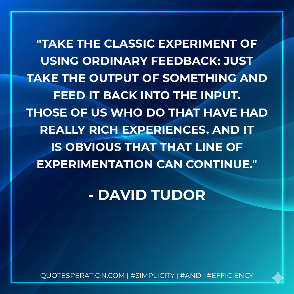Take the classic experiment of using ordinary feedback: just take the output of something and feed it back into the input. Those of us who do that have had really rich experiences. And it is obvious that that line of experimentation can continue. - David Tudor