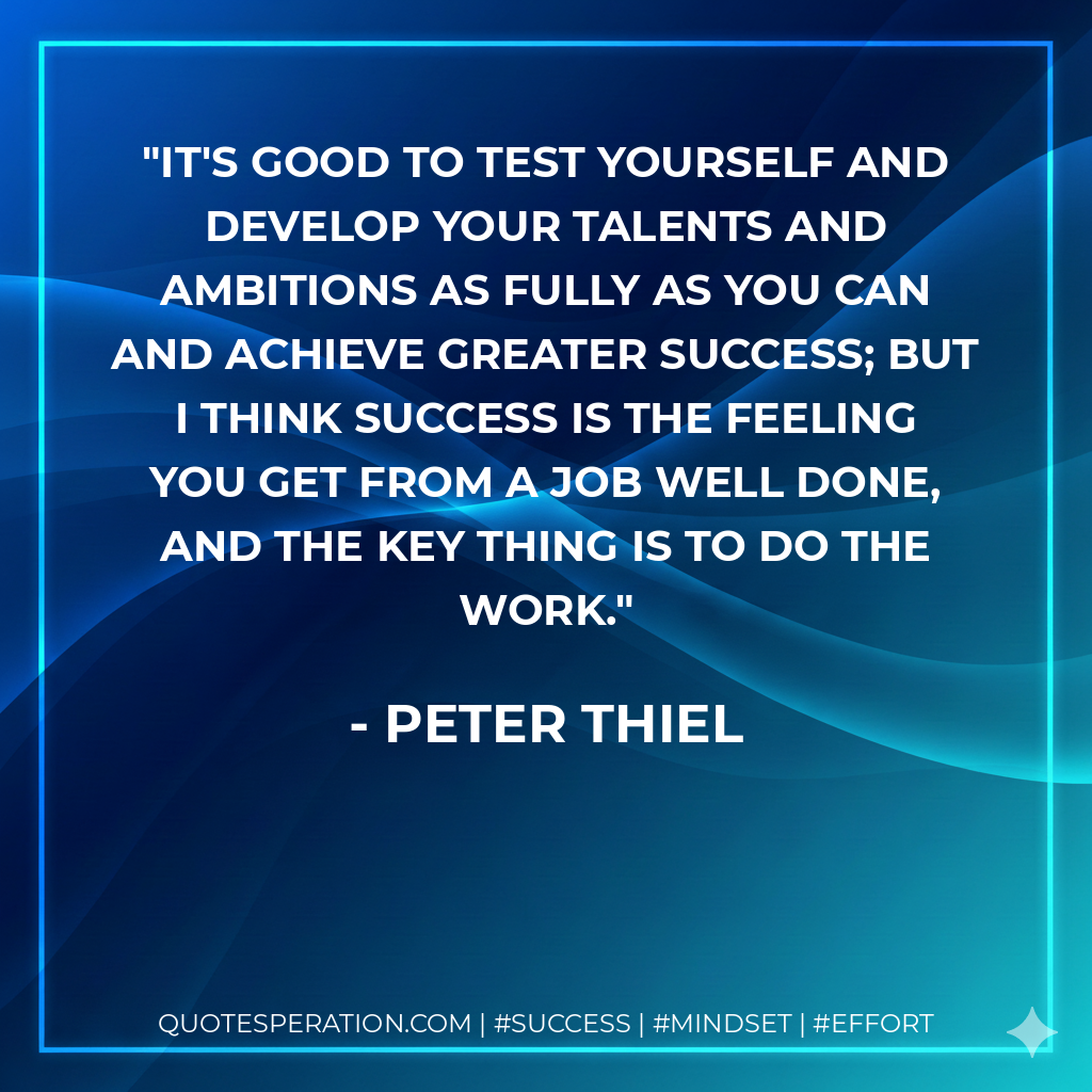It's good to test yourself and develop your talents and ambitions as fully as you can and achieve greater success; but I think success is the feeling you get from a job well done, and the key thing is to do the work. - Peter Thiel