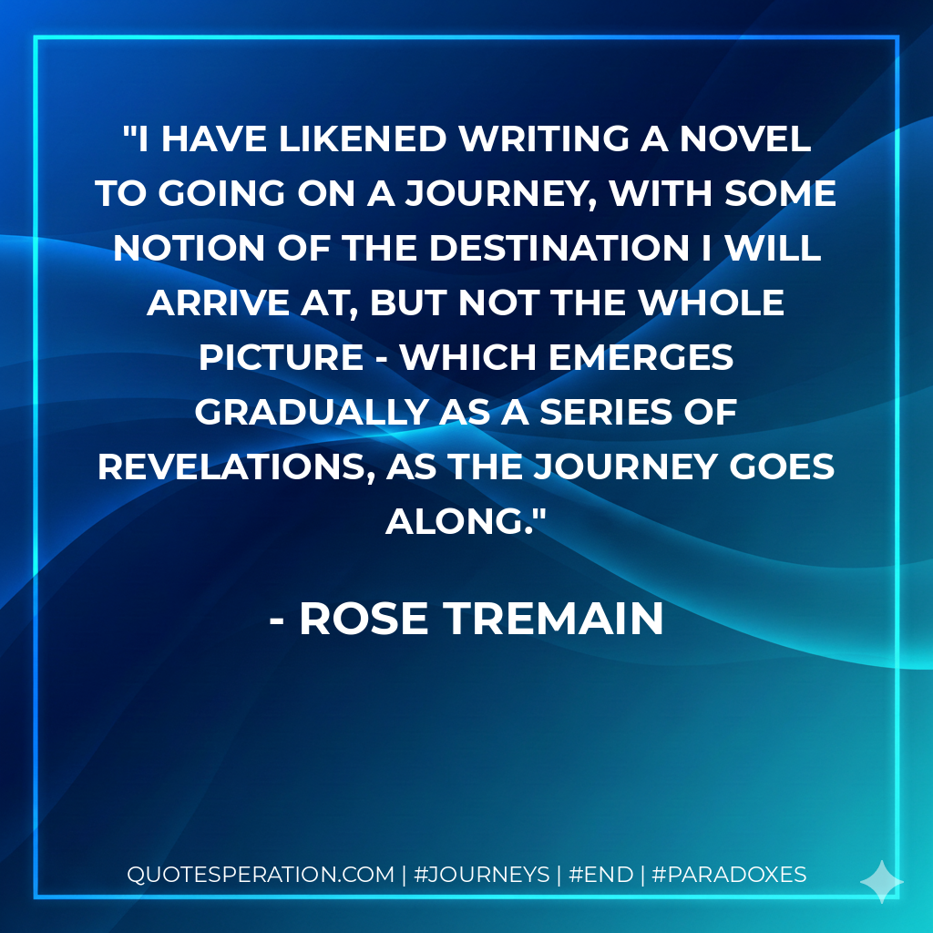 I have likened writing a novel to going on a journey, with some notion of the destination I will arrive at, but not the whole picture - which emerges gradually as a series of revelations, as the journey goes along.