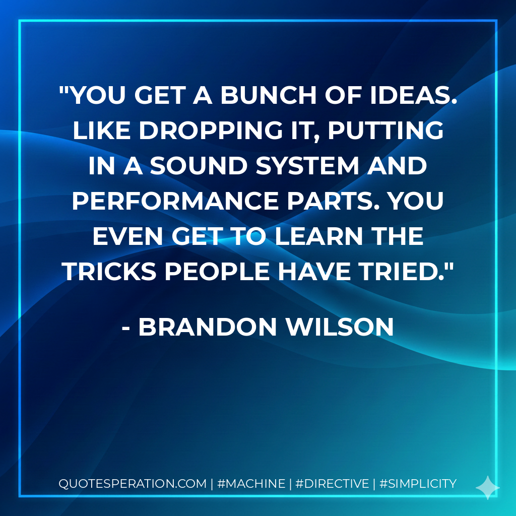 You get a bunch of ideas. Like dropping it, putting in a sound system and performance parts. You even get to learn the tricks people have tried. - Brandon Wilson