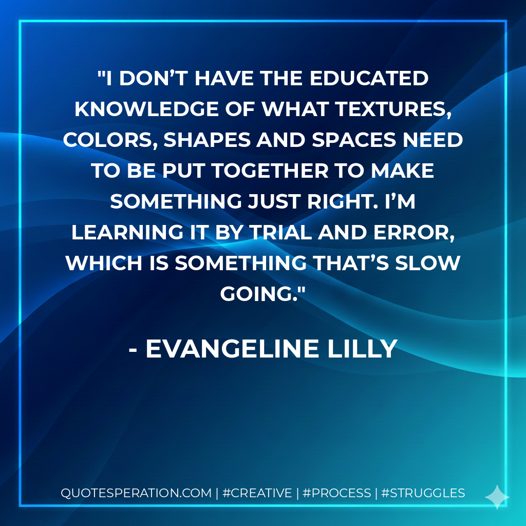 I don’t have the educated knowledge of what textures, colors, shapes and spaces need to be put together to make something just right. I’m learning it by trial and error, which is something that’s slow going. - Evangeline Lilly