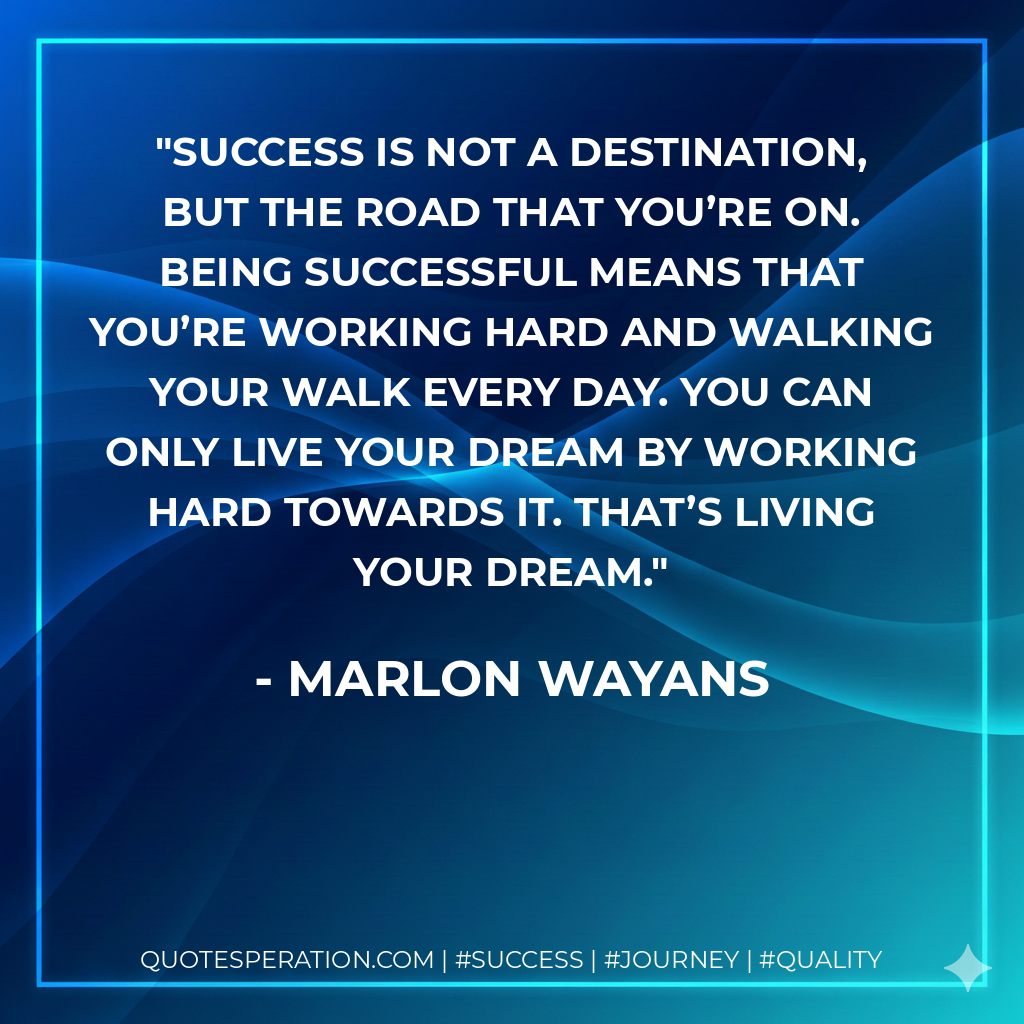 Success is not a destination, but the road that you’re on. Being successful means that you’re working hard and walking your walk every day. You can only live your dream by working hard towards it. That’s living your dream. - Marlon Wayans