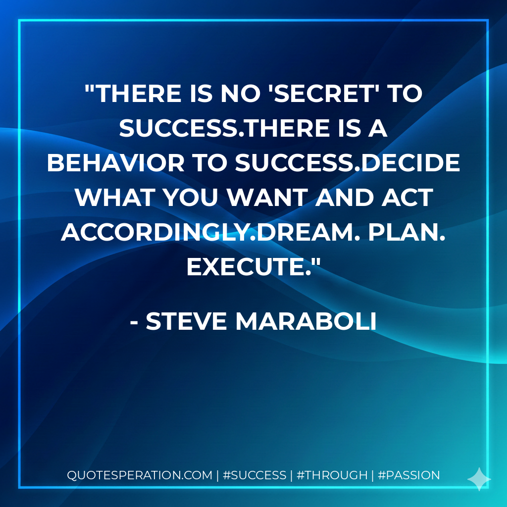 There is no 'secret' to success.There is a BEHAVIOR to success.Decide what you want and act accordingly.Dream. Plan. Execute. - Steve Maraboli