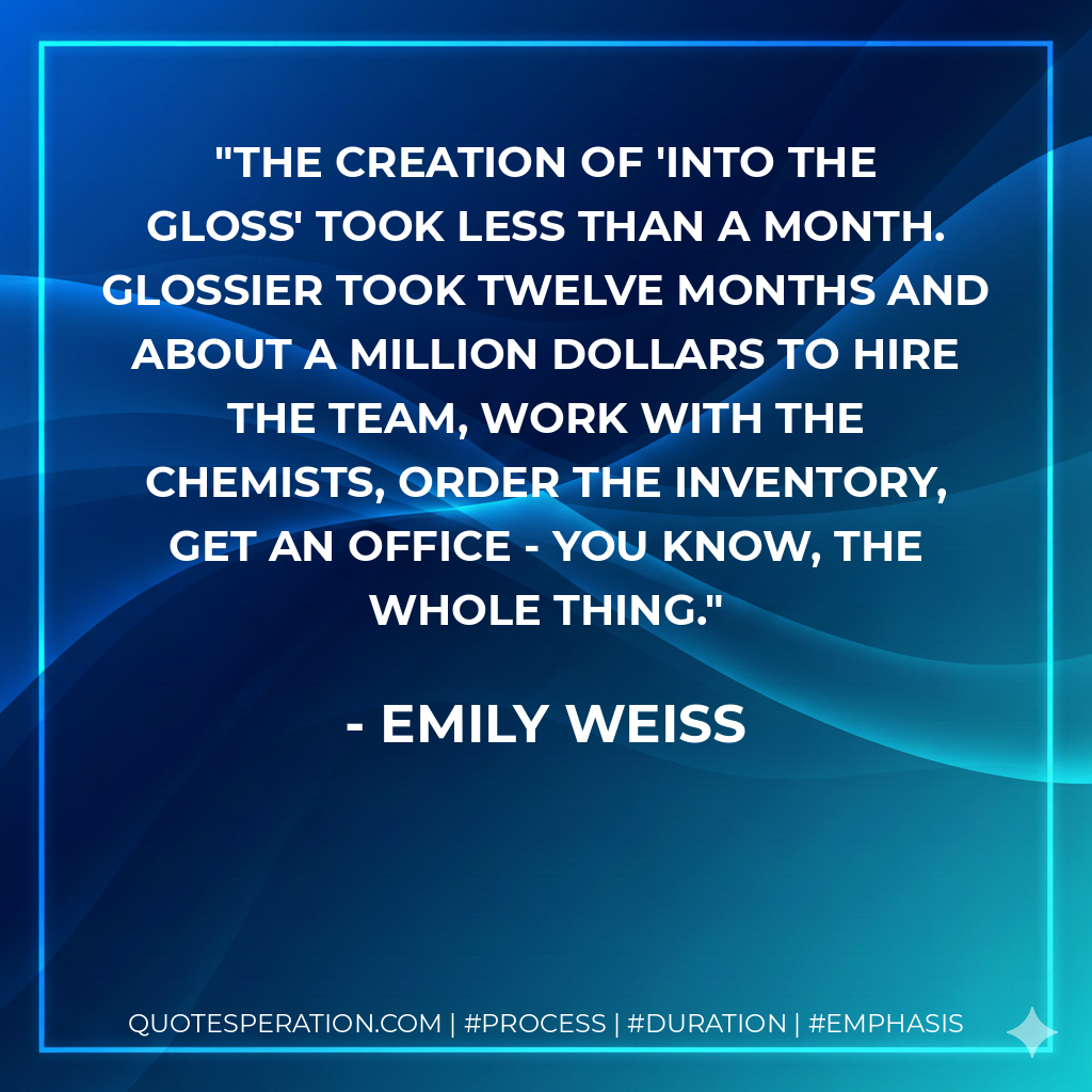 The creation of 'Into The Gloss' took less than a month. Glossier took twelve months and about a million dollars to hire the team, work with the chemists, order the inventory, get an office - you know, the whole thing. - Emily Weiss