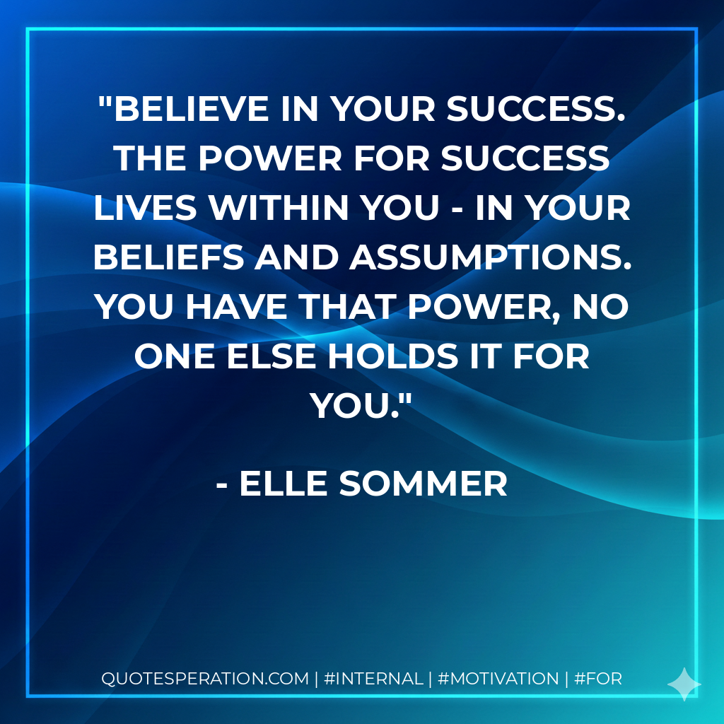 Believe in your success. The power for success lives within you - in your beliefs and assumptions. You have that power, no one else holds it for you. - Elle Sommer