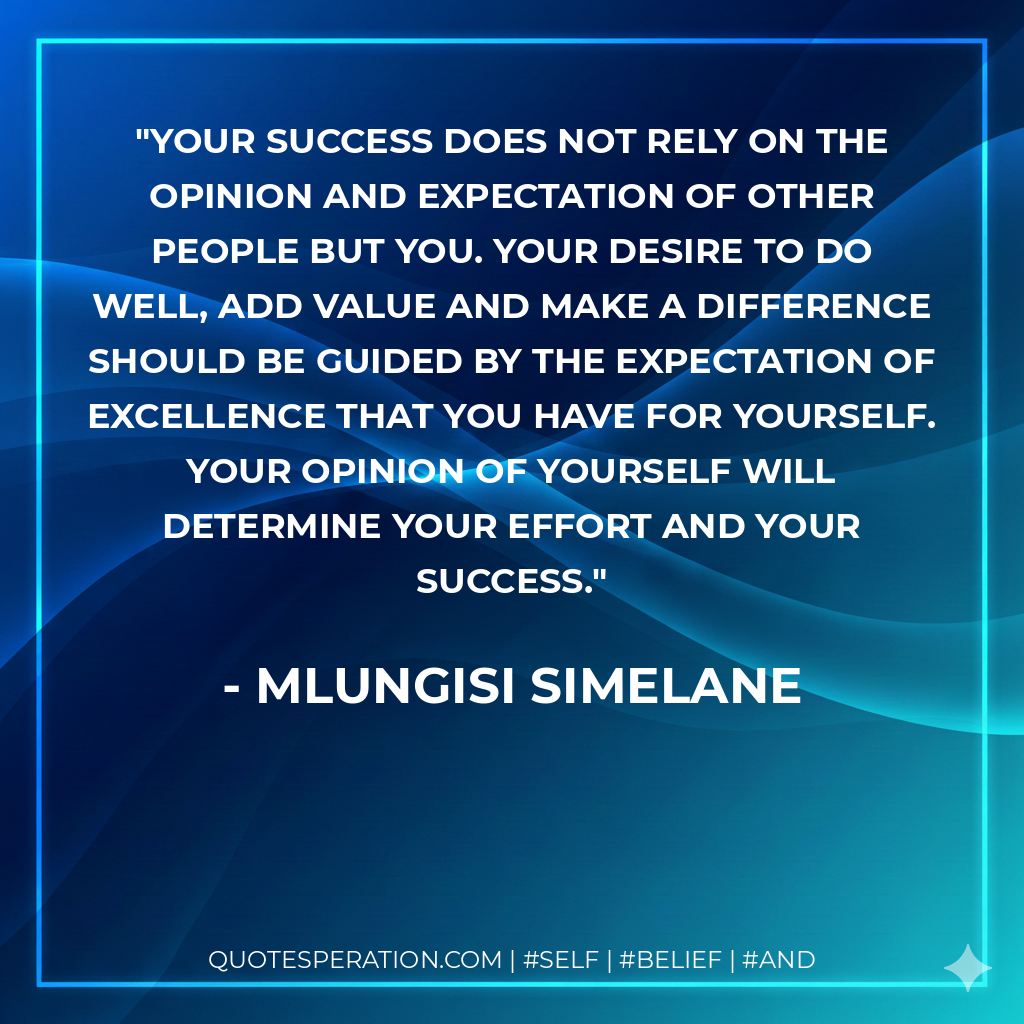 Your success does not rely on the opinion and expectation of other people but you. Your desire to do well, add value and make a difference should be guided by the expectation of excellence that you have for yourself. Your opinion of yourself will determine your effort and your success. - Mlungisi Simelane