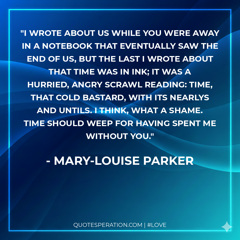 I wrote about us while you were away in a notebook that eventually saw the end of us, but the last I wrote about that time was in ink; it was a hurried, angry scrawl reading: Time, that cold bastard, with its nearlys and untils. I think, what a shame. Time should weep for having spent me without you.