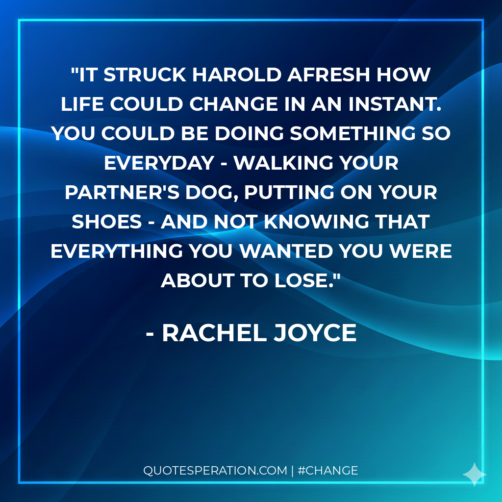 It struck Harold afresh how life could change in an instant. You could be doing something so everyday - walking your partner's dog, putting on your shoes - and not knowing that everything you wanted you were about to lose.