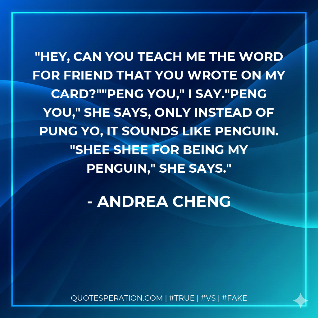 Hey, can you teach me the word for friend that you wrote on my card?""Peng you," I say."Peng you," she says, only instead of pung yo, it sounds like penguin. "Shee shee for being my penguin," she says.
