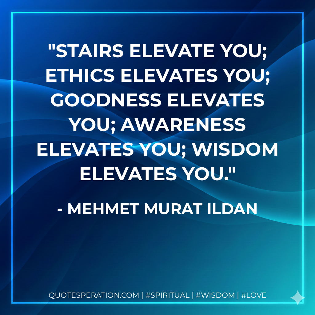 Stairs elevate you; ethics elevates you; goodness elevates you; awareness elevates you; wisdom elevates you.