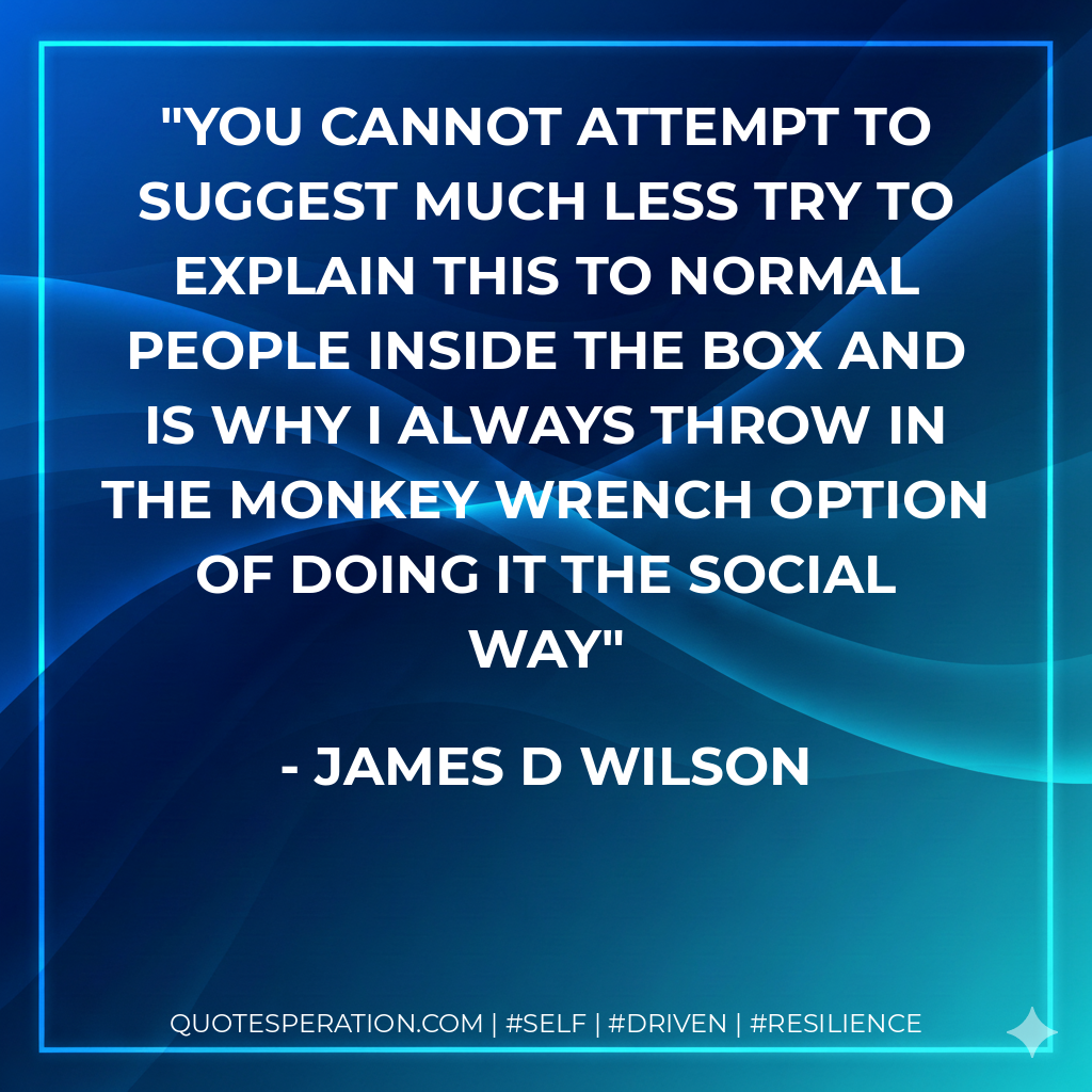 You cannot attempt to suggest much less try to explain this to normal people inside the box and is why I always throw in the monkey wrench option of doing it the social way - James D Wilson