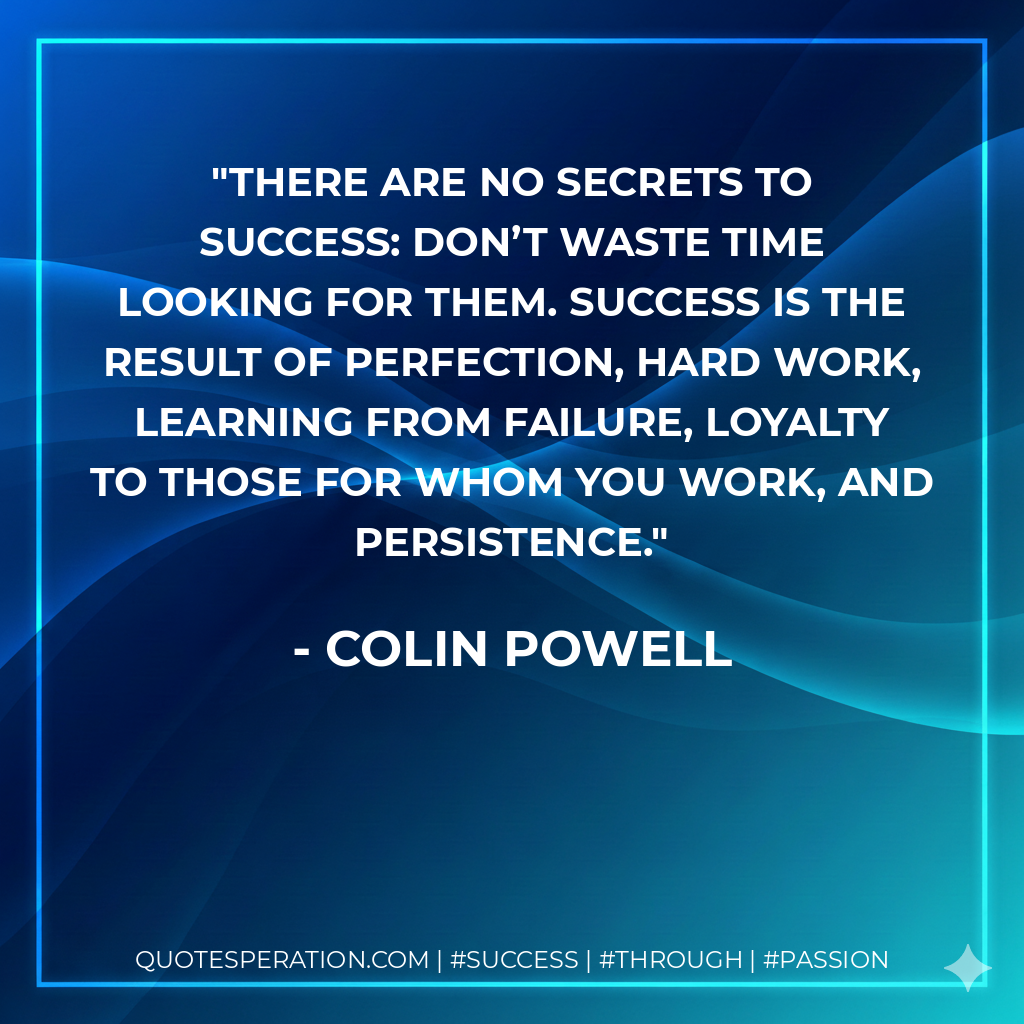 There are no secrets to success: don’t waste time looking for them. Success is the result of perfection, hard work, learning from failure, loyalty to those for whom you work, and persistence. - Colin Powell