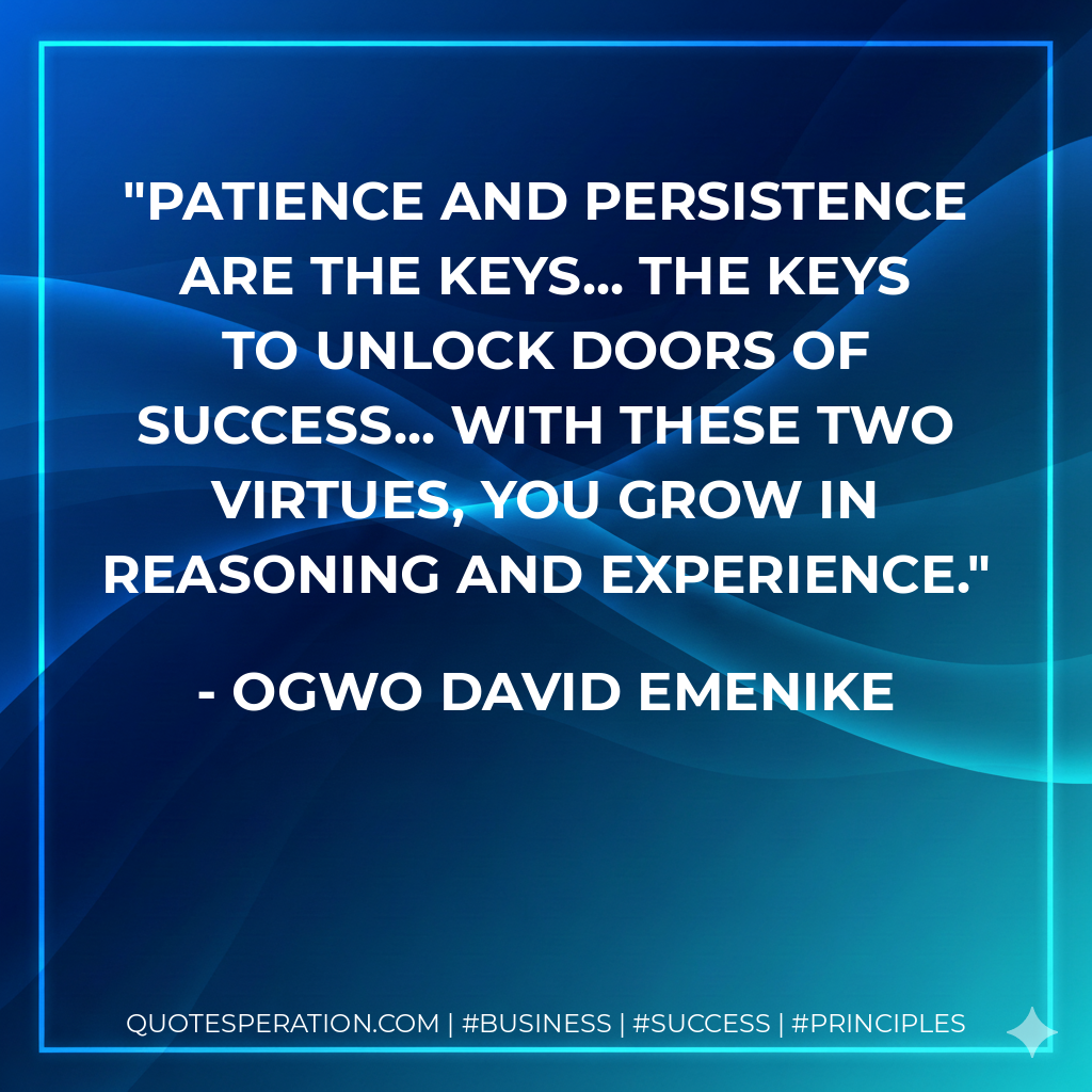 Patience and persistence are the keys... The keys to unlock doors of success... With these two virtues, you grow in reasoning and experience. - Ogwo David Emenike