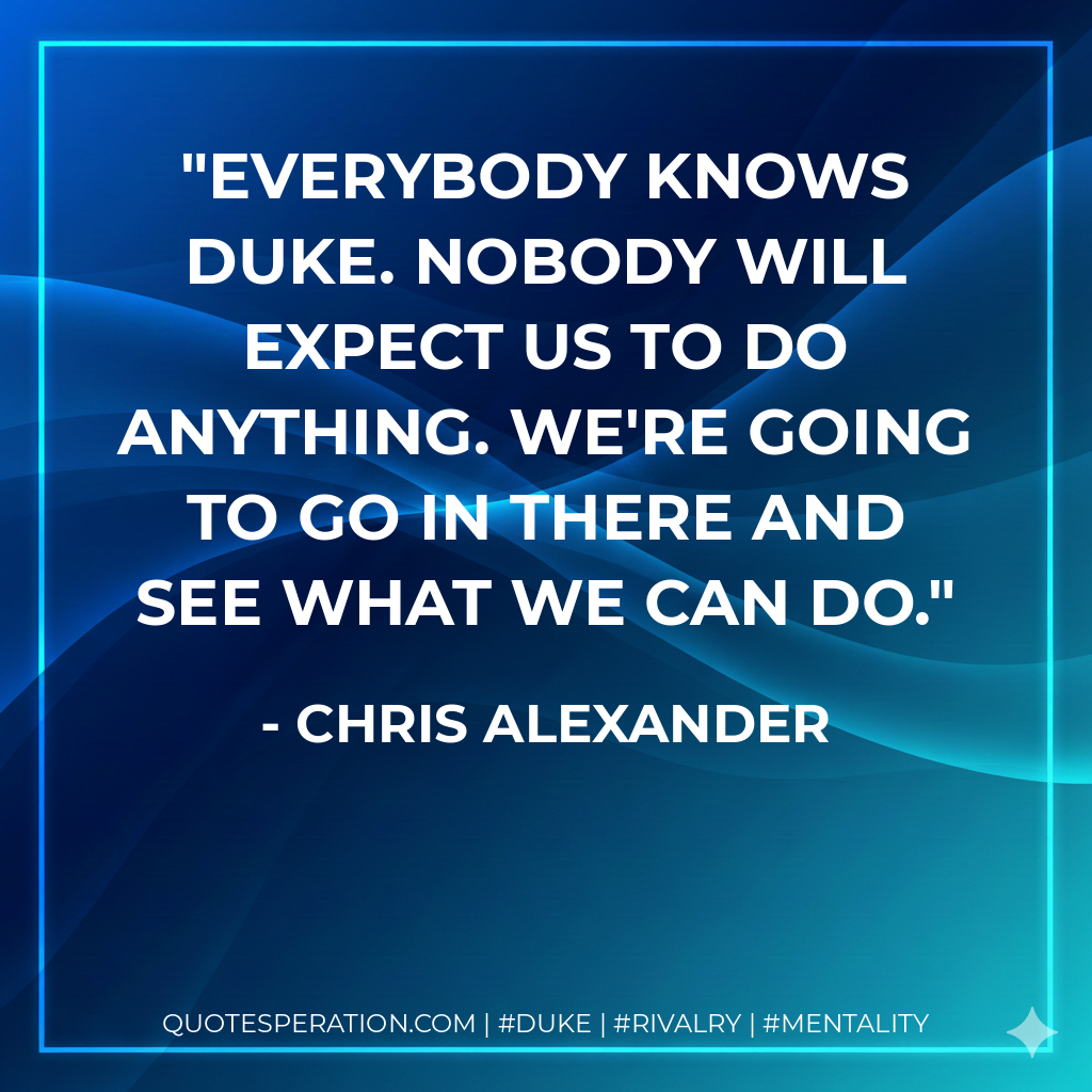 Everybody knows Duke. Nobody will expect us to do anything. We're going to go in there and see what we can do.