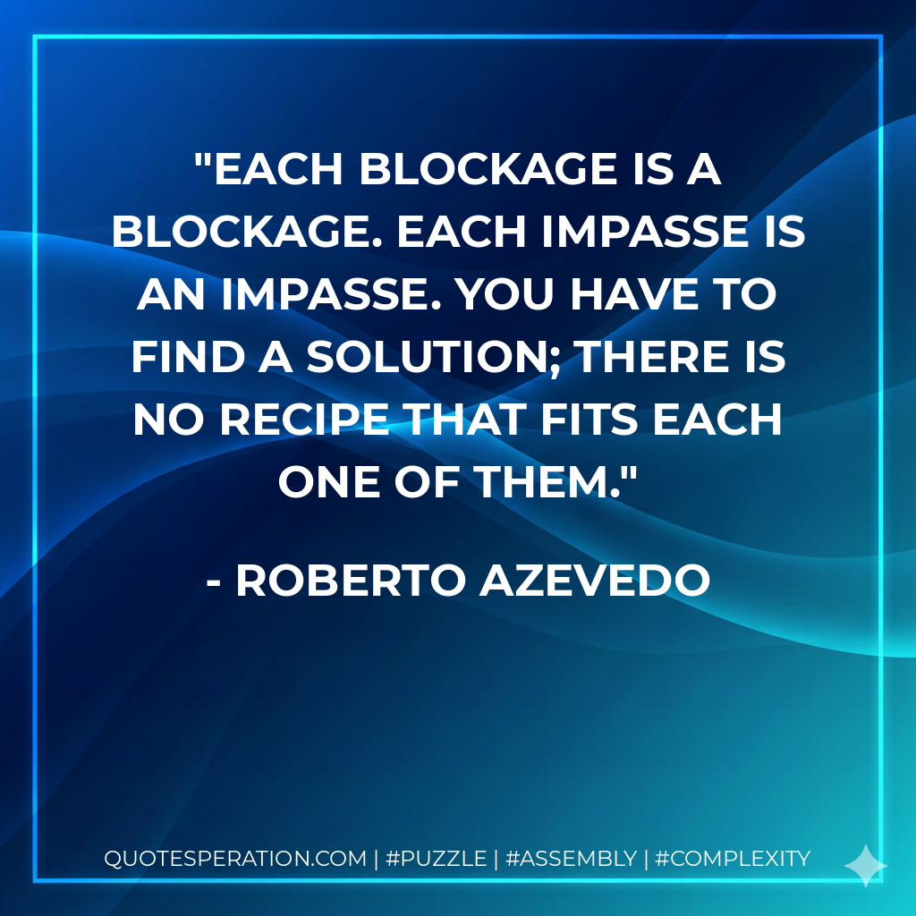 Each blockage is a blockage. Each impasse is an impasse. You have to find a solution; there is no recipe that fits each one of them. - Roberto Azevedo